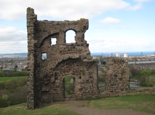 Two partial walls of a medieval church on the slope up to Arthur's Seat.